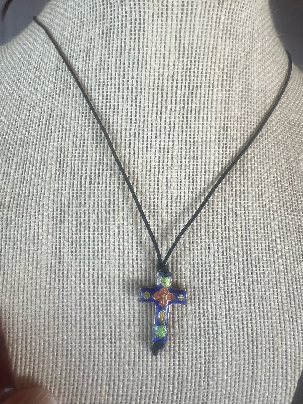Cloisonné Blue Background/Multicolor Cross Necklace, black cord, good condition
